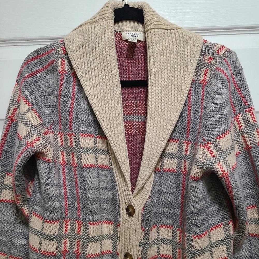 Lands End canvas 1963Vl vtg PLAID CARDIGAN SWEATER SIZE M cotton wool blend euc - Picture 15 of 15